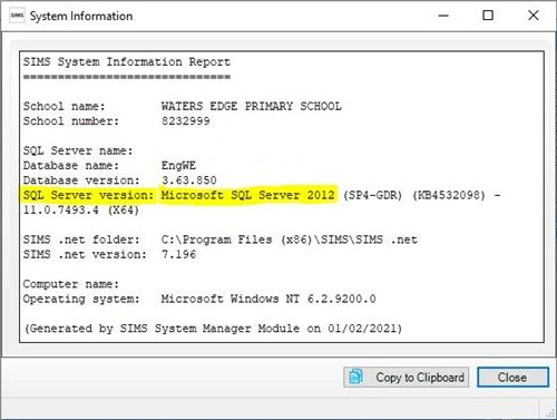MIS SIMS System Information Report SQL 2012